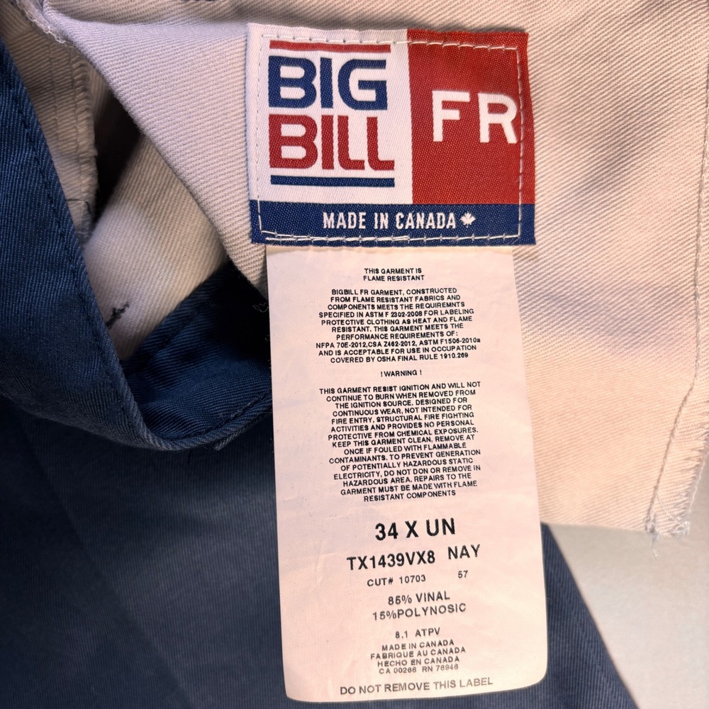 Big Bill FR Pants 34x30 Navy HRC 2 NFPA 70E 8.1 ATPV Flame Resistant Work - Picture 4 of 12